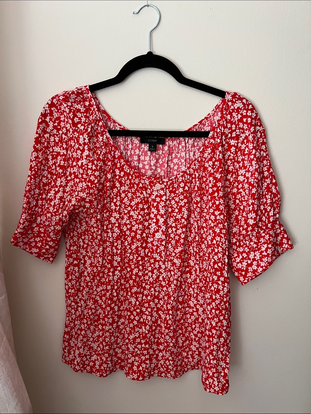J. Crew Red and White Floral Scoop Neck Blouse